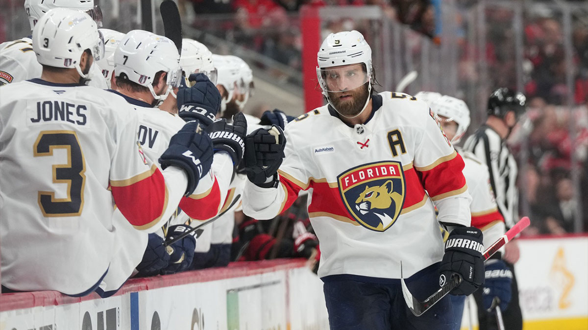 Florida Panthers defenseman Aaron Ekblad (5) celebrates scoring against the Carolina Hurricanes during the first period in game one of the Eastern Conference Final of the 2025 Stanley Cup Playoffs at Lenovo Center