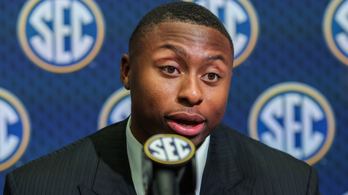 Florida Gators quarterback DJ Lagway answers questions from the media during the SEC Media Days at Omni Atlanta Hotel.