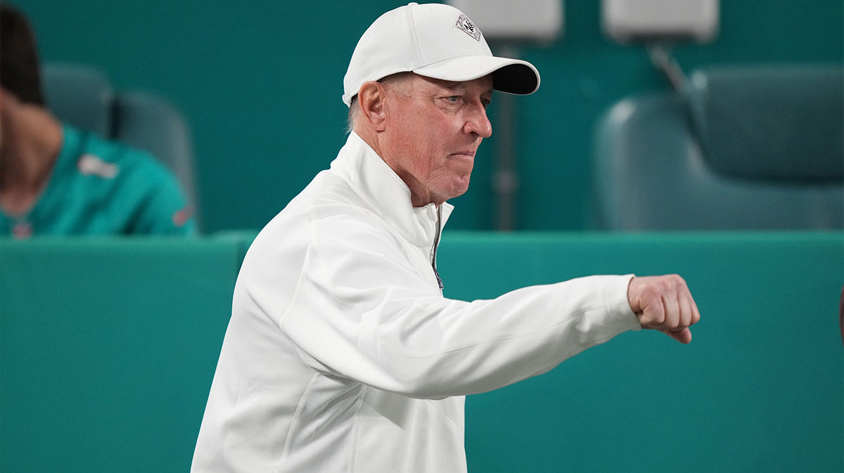 Buffalo Bills legendary NFL Hall of Fame quarterback Jim Kelly on the sidelines before the game against the Miami Dolphins during at Hard Rock Stadium.