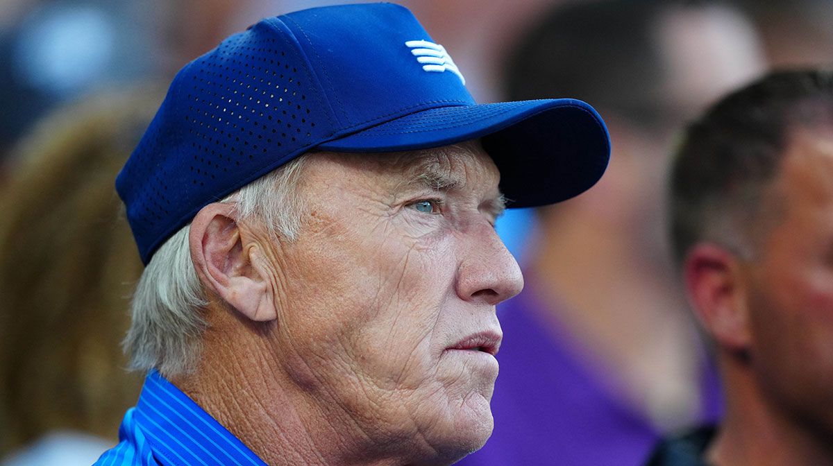 Former American football player John Elway in attendance between the Cleveland Guardians against the Colorado Rockies in the first inning at Coors Field.