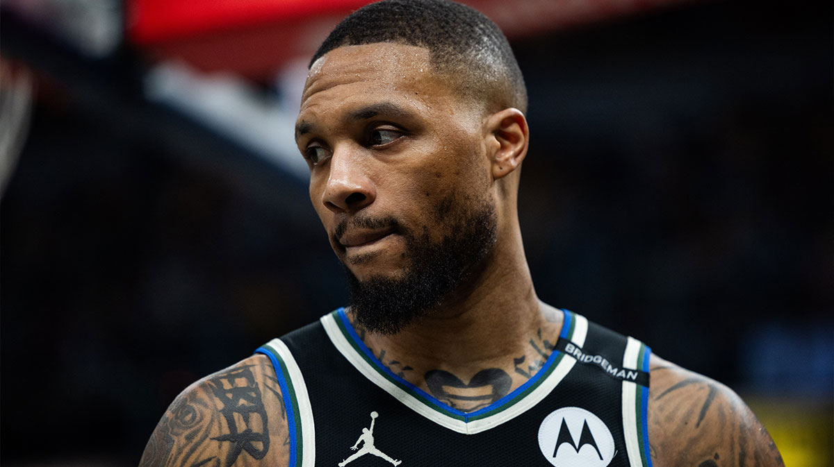 Milwaukee Bucks guard Damian Lillard (0) during game two of first round for the 2024 NBA Playoffs against the Indiana Pacers at Gainbridge Fieldhouse. The Bucks waived Damian Lillard and Vasilije Micic this NBA Free Agency to give way for Myles Turner.