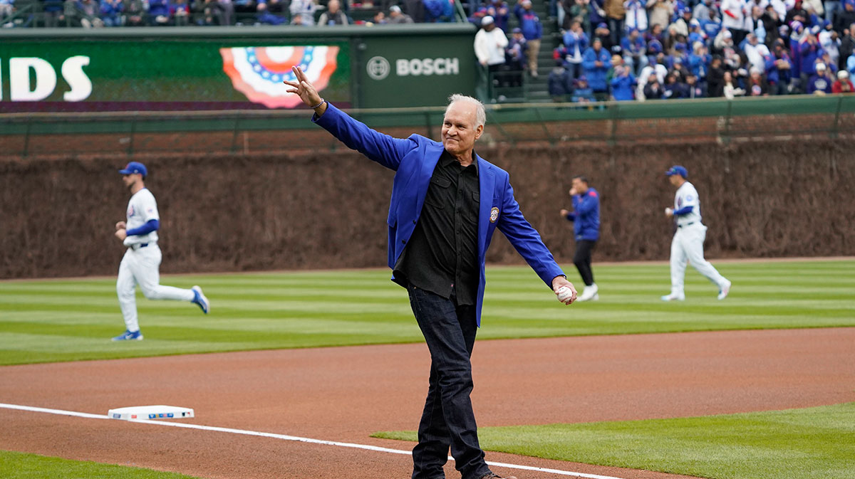 Hall of Famer Ryne Sandberg throws out a ceremonial first pitch before the game between the Chicago Cubs and the San Diego Padres at Wrigley Field.
