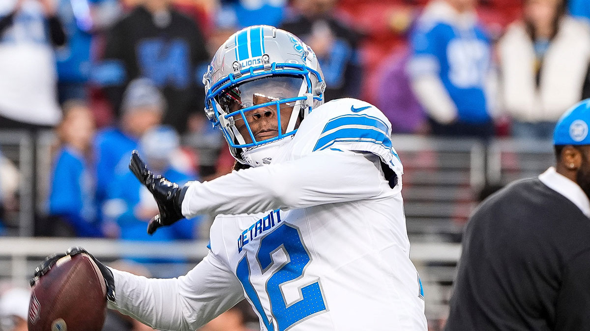 Detroit Lions quarterback Teddy Bridgewater (12) warms up before the game between San Francisco 49ers and Detroit Lions at Levi's Stadium in Santa Clara, Calif. on Monday, Dec. 30, 2024.