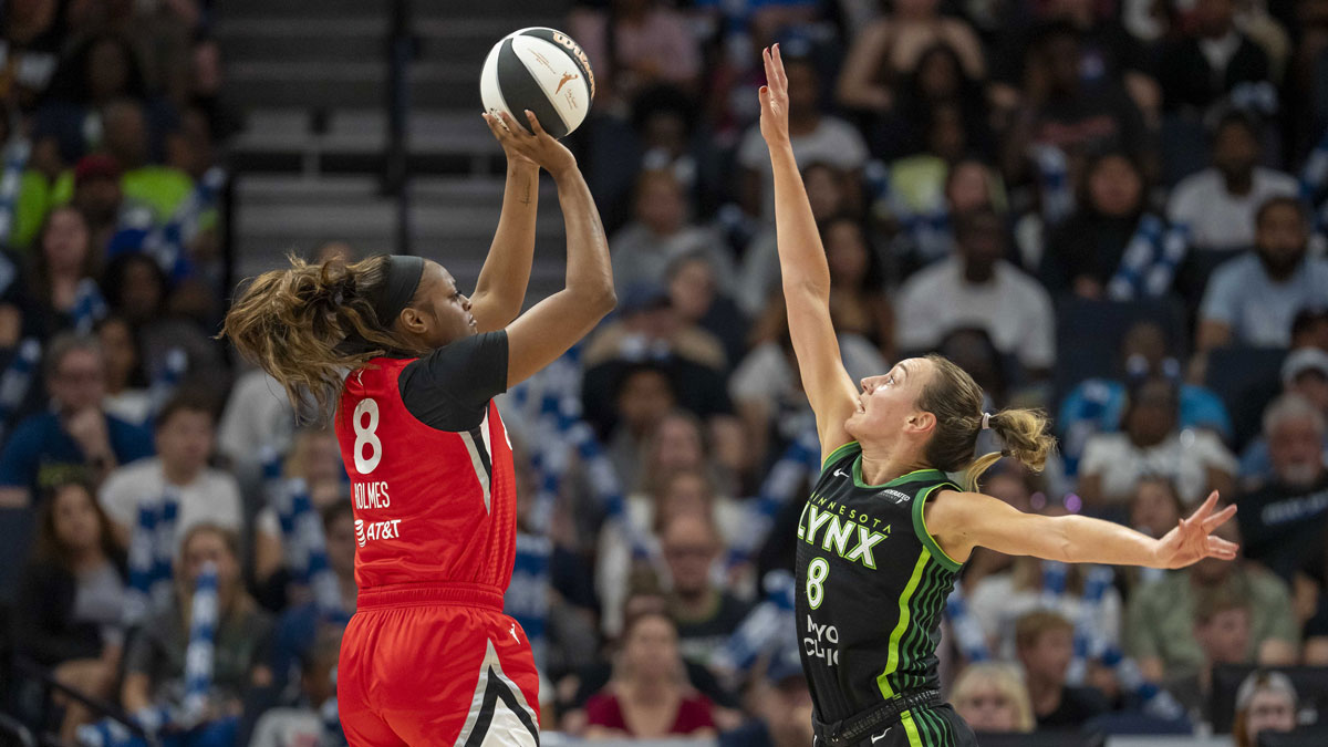 Las Vegas Aces forward Joyner Holmes (8) shoots the ball over Minnesota Lynx forward Alanna Smith (8) in the second half at Target Center.