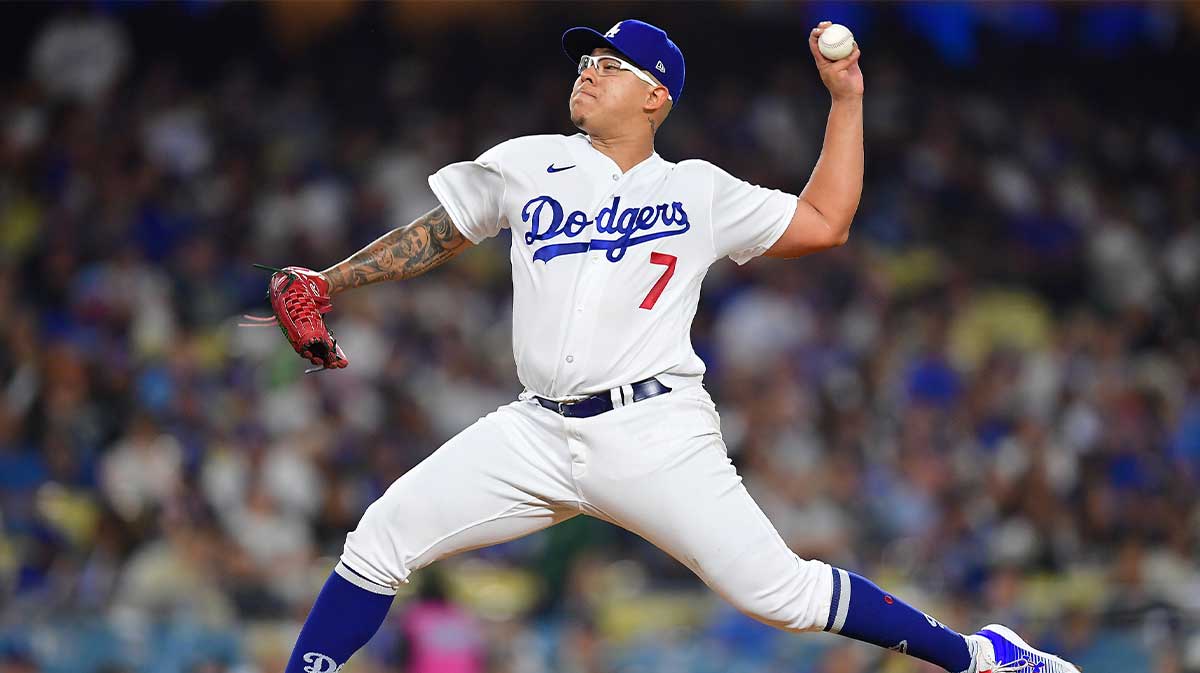 Los Angeles Dodgers starting pitcher Julio Urias (7) throws against the Atlanta Braves during the fifth inning at Dodger Stadium.