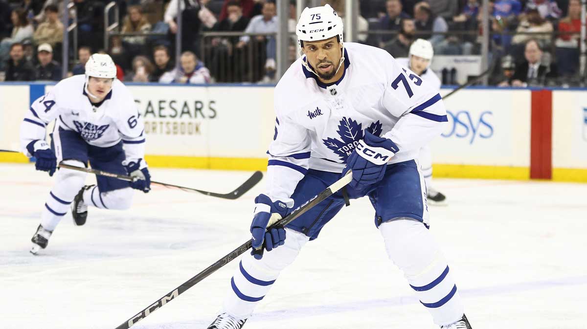 Toronto Maple Leafs right wing Ryan Reaves (75) controls the puck in the second period against the New York Rangers at Madison Square Garden.