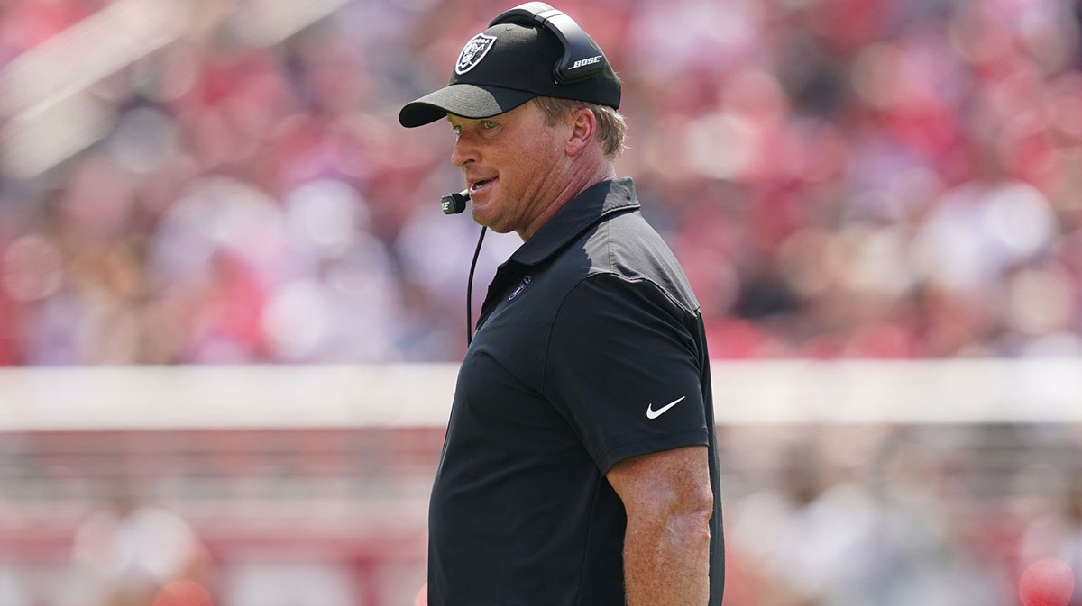 Las Vegas Raiders head coach Jon Gruden walks on the field during a break in the action against the San Francisco 49ers in the second quarter at Levi's Stadium.