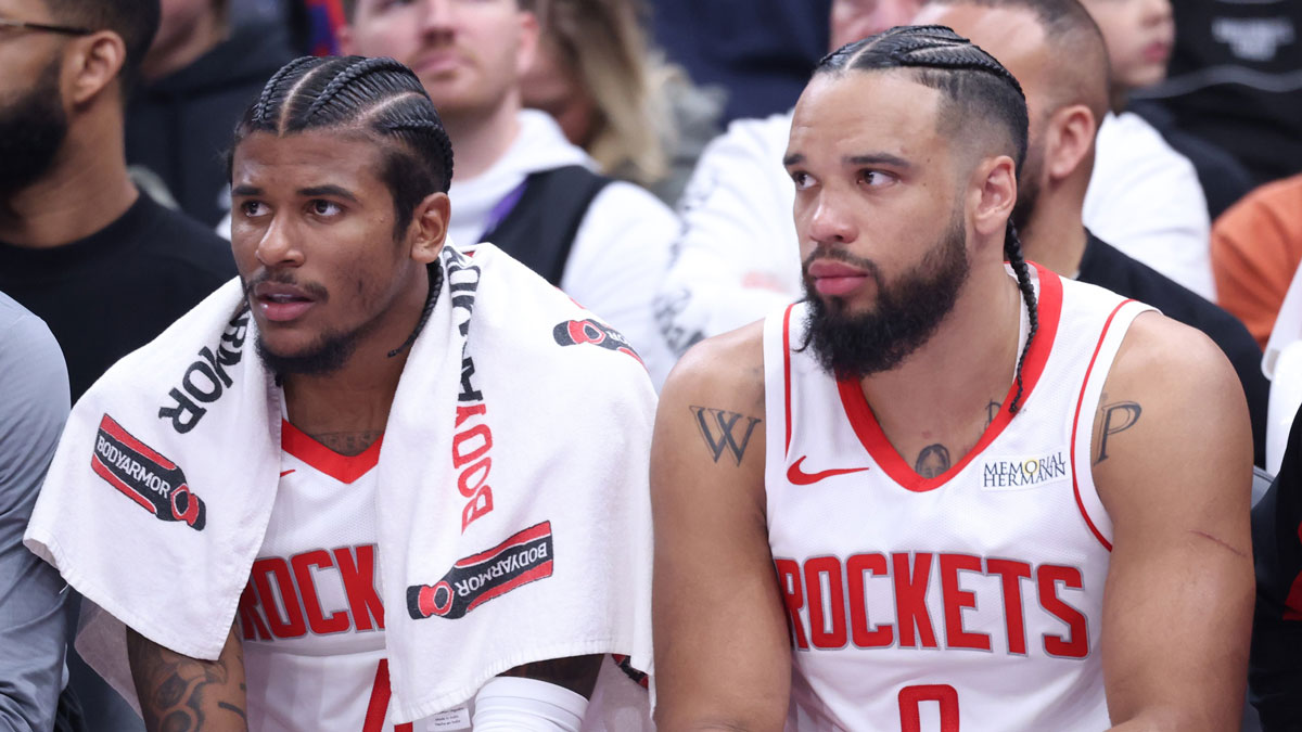 Rockets guard Jalen Green (4) and forward Dillon Brooks (9) watch play against the Utah Jazz from the bench during the first half at Delta Center