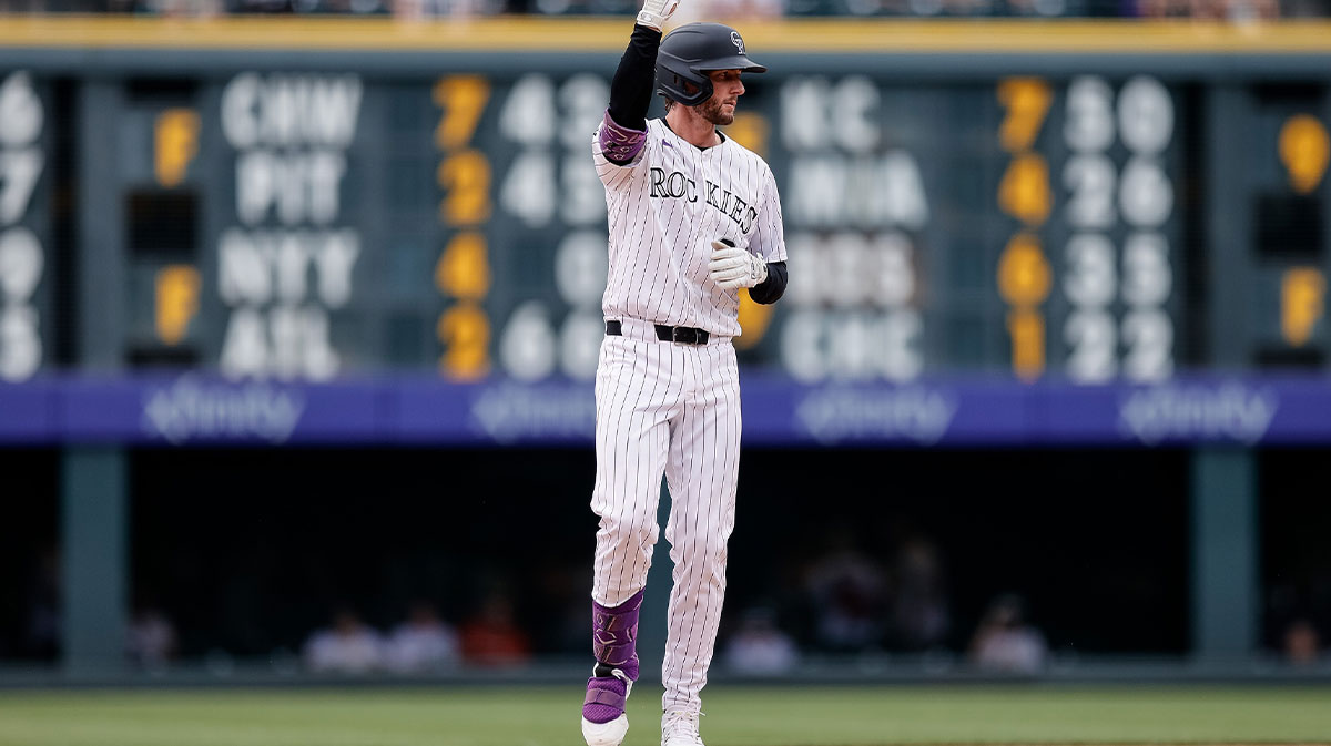 Colorado Rockies third baseman Ryan McMahon (24) reacts from second on a double in the seventh inning against the Minnesota Twins at Coors Field.
