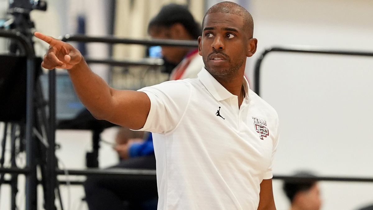 NBA player Chris Paul looks on as Team CP3 plays a game against Nightrydas at Nike EYBL at the Memphis Sports & Events Center on Saturday, May 17, 2025.