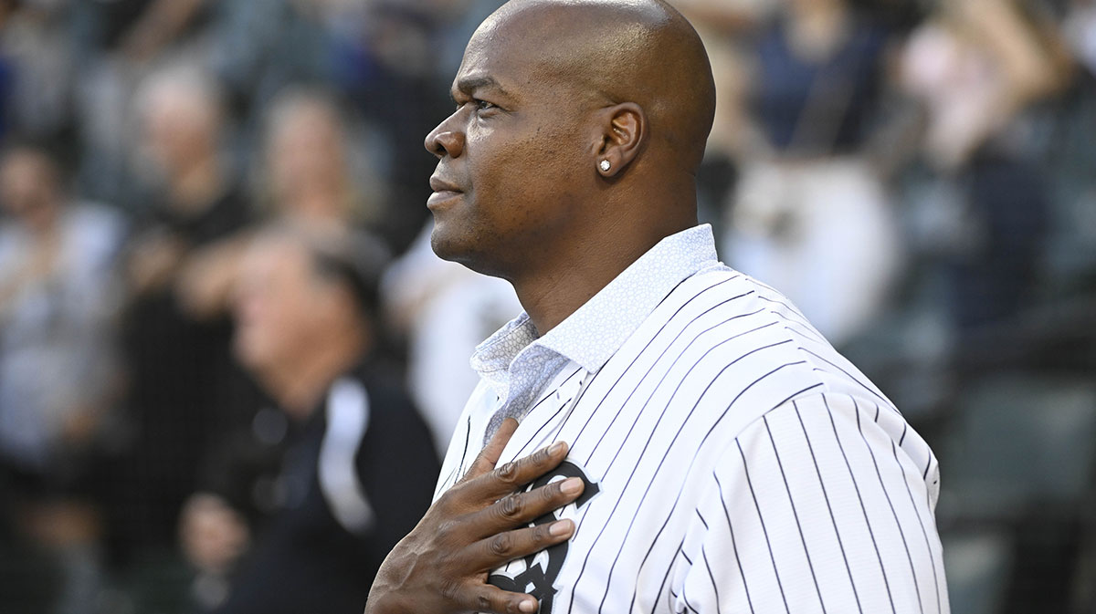 Former Chicago White Sox player Frank Thomas during the national anthem before the team’s game against the New York Mets. He was there to throw out a ceremonial first pitch. at Guaranteed Rate Field. Frank Thomas paid tribute to the late MLB Hall of Famer Ryne Sandberg.