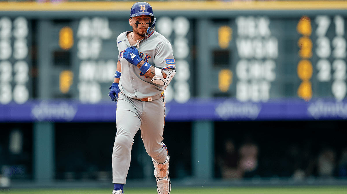 New York Mets catcher Francisco Alvarez (4) rounds the bases on a solo home run in the ninth inning against the Colorado Rockies at Coors Field.