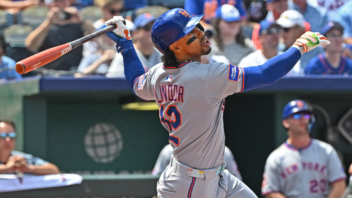 New York Mets shortstop Francisco Lindor (12) at bat in the first inning against the Kansas City Royals at Kauffman Stadium.