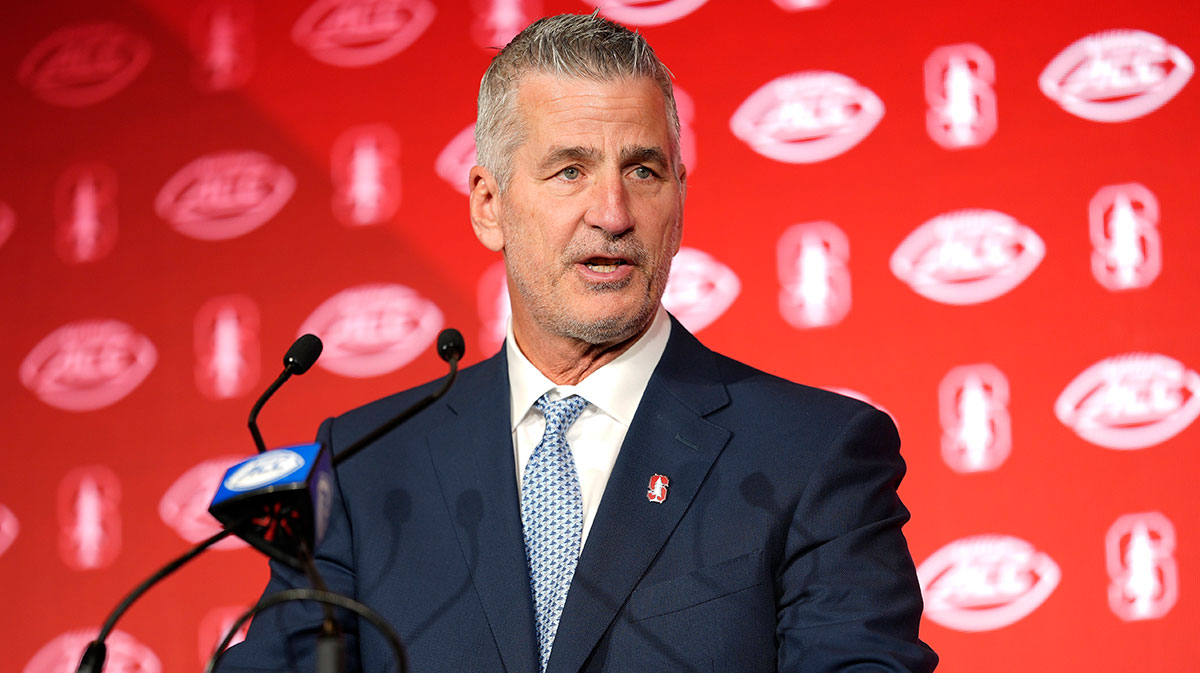Stanford head coach Frank Reich answers questions from the media during ACC Media Days at Hilton Charlotte Uptown.