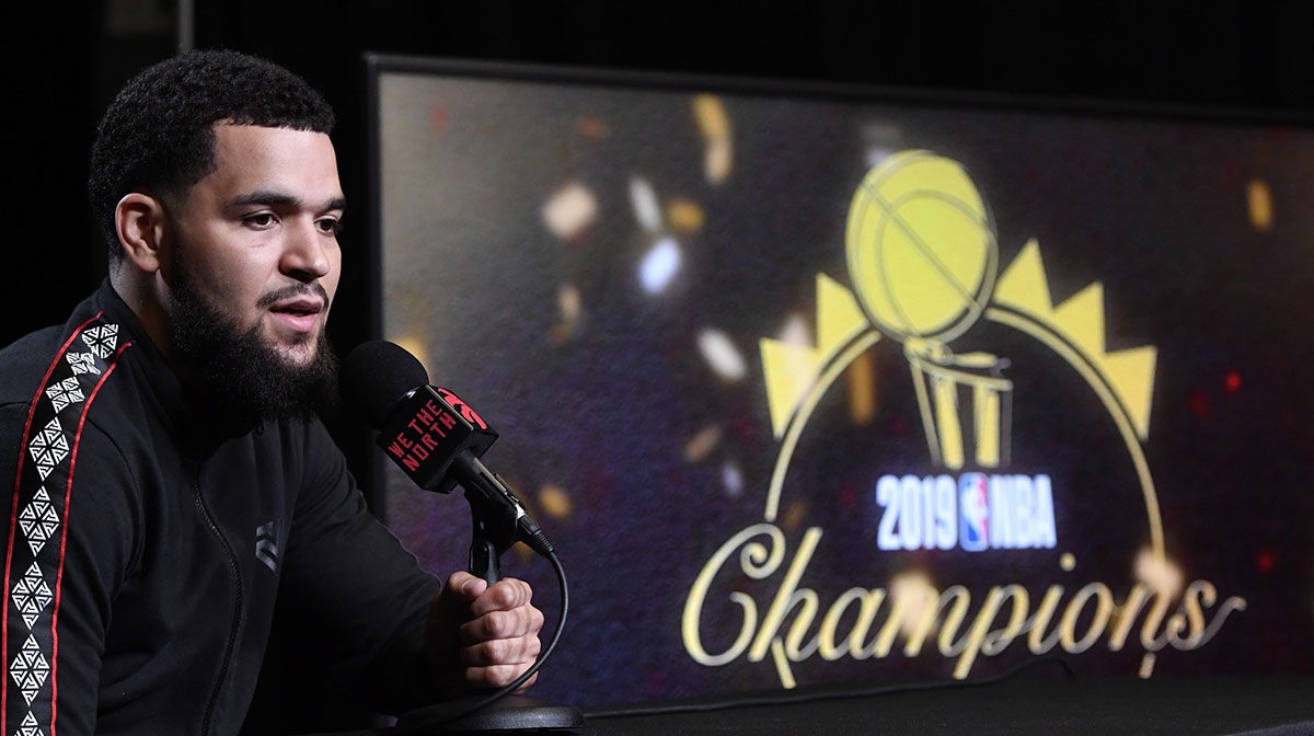 Toronto Raptors guard Fred VanVleet (23) on the podium during Media Day at Scotiabank Arena.