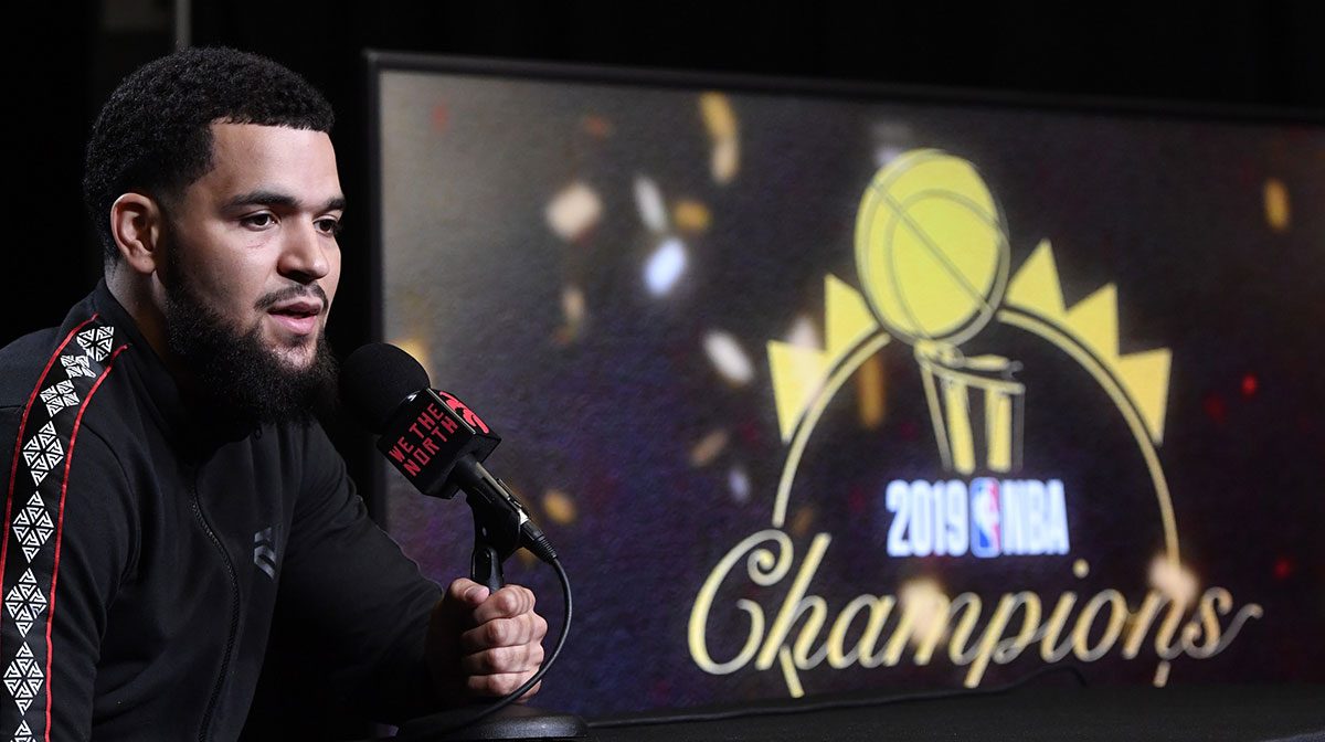 Toronto Raptors guard Fred VanVleet (23) on the podium during Media Day at Scotiabank Arena.