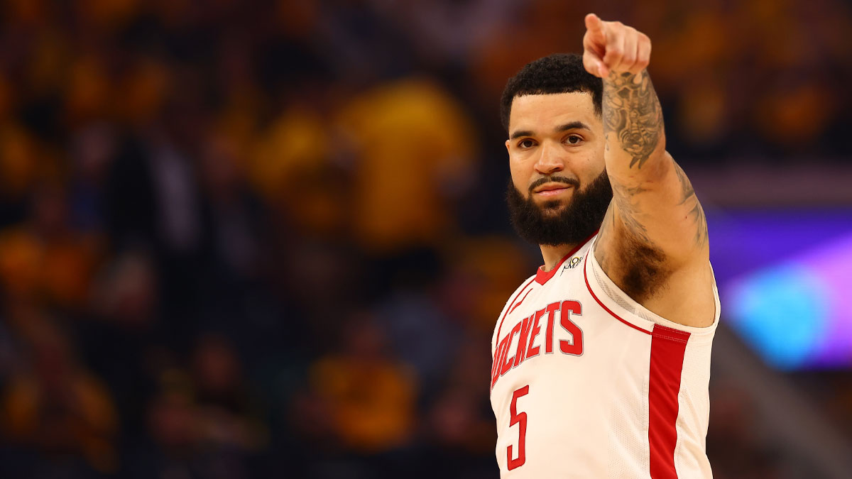 Houston Rockets guard Fred VanVleet (5) points during the first quarter of game four of the 2025 NBA Playoffs first round against the Golden State Warriors at Chase Center.
