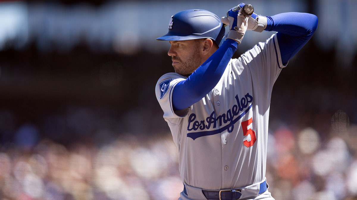 Los Angeles Dodgers first baseman Freddie Freeman (5) takes his turn at bat against the San Francisco Giants during the ninth inning at Oracle Park