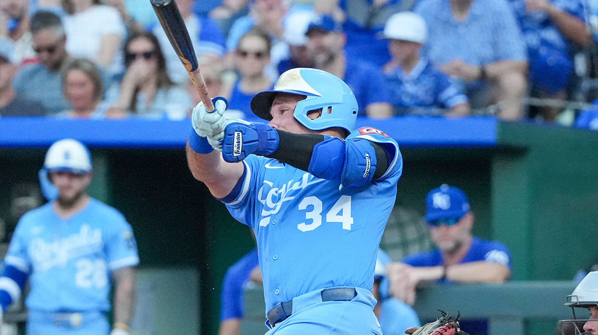 Kansas City Royals catcher Freddy Fermin (34) hits a two run home run against the Cleveland Guardians in the second inning at Kauffman Stadium