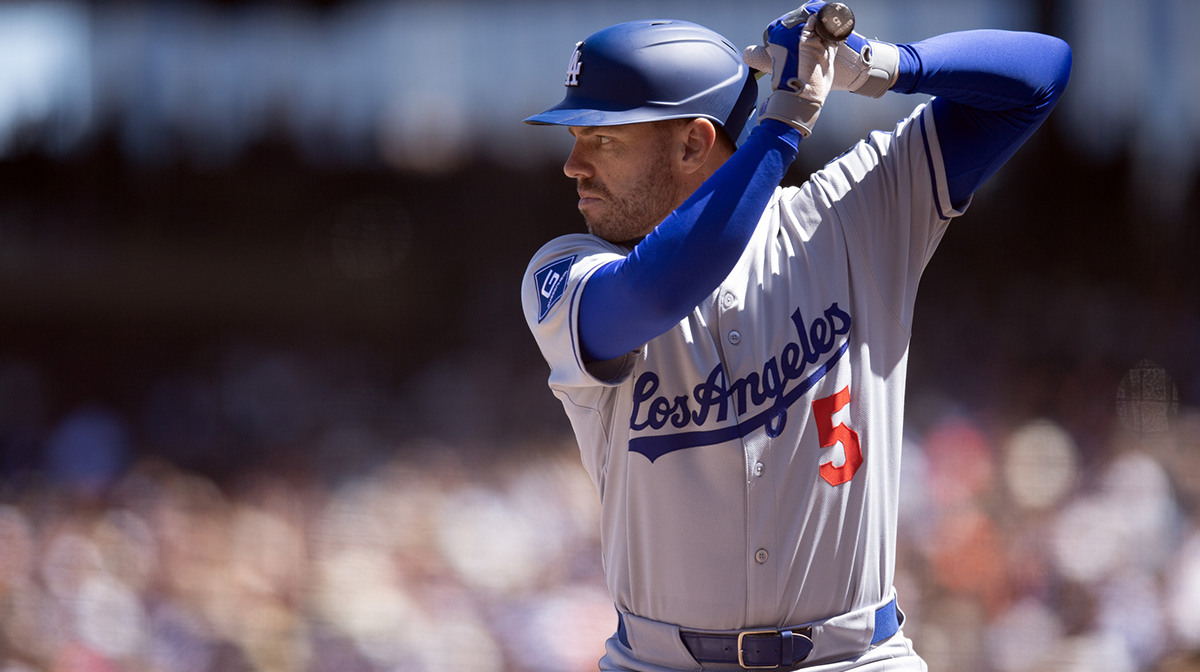 Los Angeles Dodgers first baseman Freddie Freeman (5) takes his turn at bat against the San Francisco Giants during the ninth inning at Oracle Park.