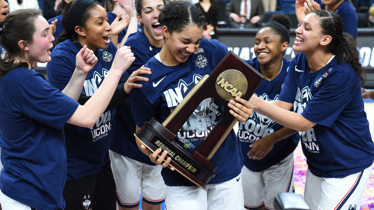 Connecticut Huskies forward Gabby Williams (15) reacts with teammates to being announced as the Most Valuable Player following the championship game of the Albany regional of the women's basketball 2018 NCAA Tournament against the South Carolina Gamecocks at the Times Union Center.
