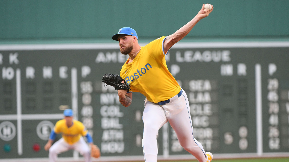 Jul 26, 2025; Boston, Massachusetts, USA; Boston Red Sox starting pitcher Garrett Crochet (35) pitches during the first inning against the Los Angeles Dodgers at Fenway Park. 
