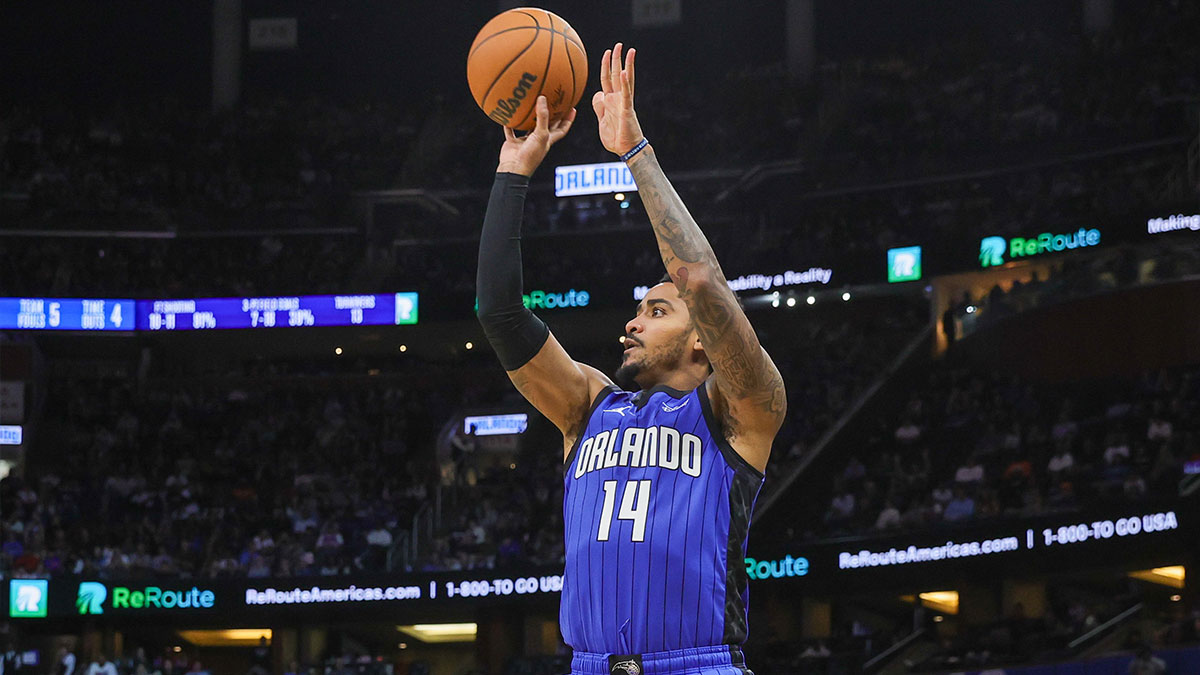 Dec 27, 2024; Orlando, Florida, USA; Orlando Magic guard Gary Harris (14) shoots during the second half against the New York Knicks at Kia Center. Mandatory Credit: Mike Watters-Imagn Images