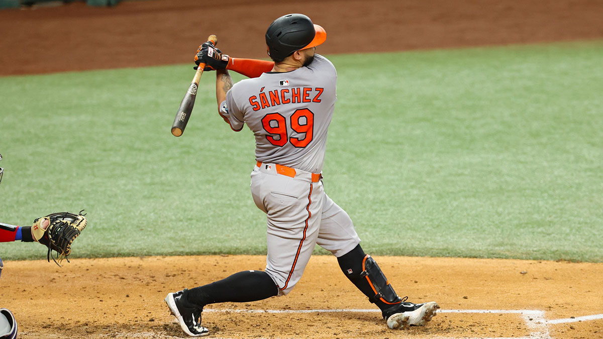 Baltimore Orioles catcher Gary Sanchez (99) hits a two-run home run during the fourth inning against the Texas Rangers at Globe Life Field.