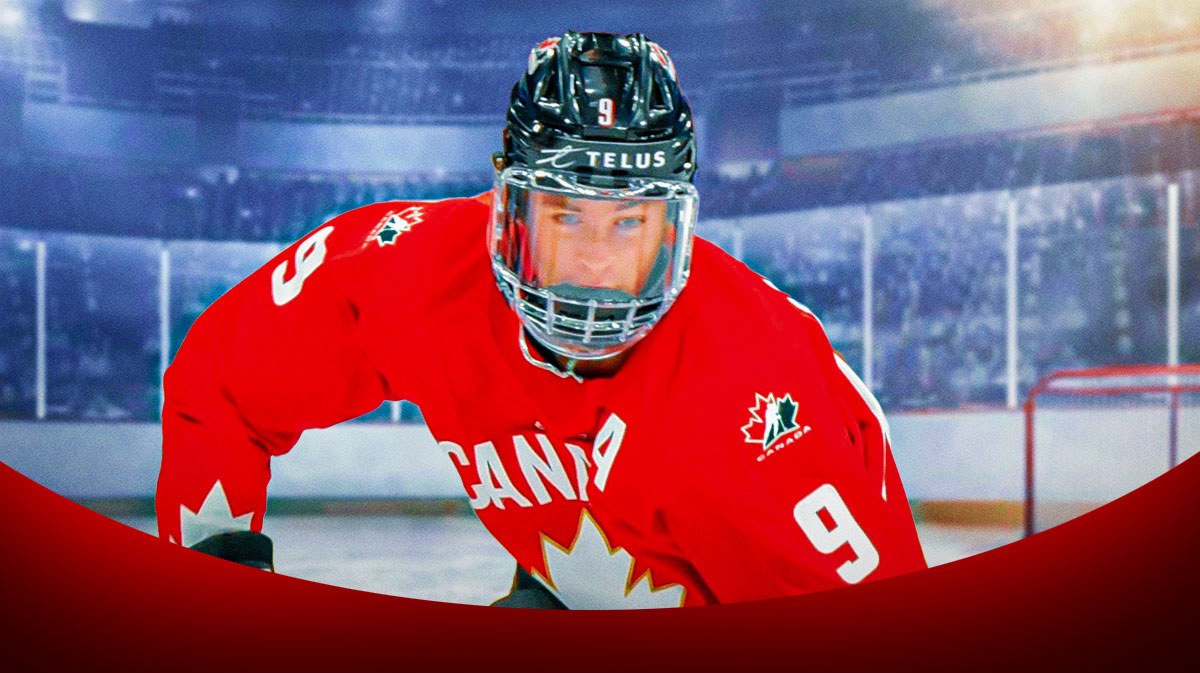 Gavin McKenna in action with hockey rink in background