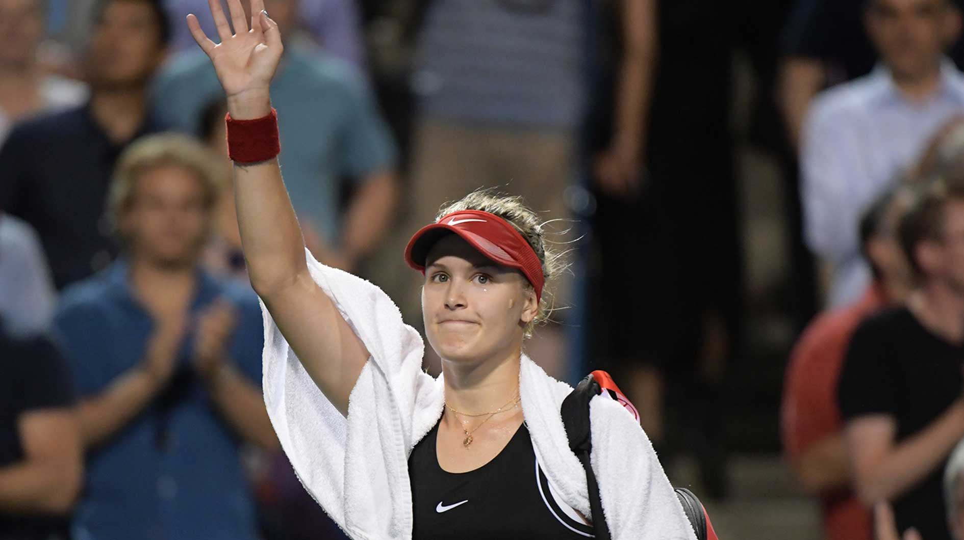Eugenie Bouchard (Canada) waves to fans as she leaves the court after being defeated by Bianca Andreescu (Canada) during the Rogers Cup tennis tournament at Aviva Centre.