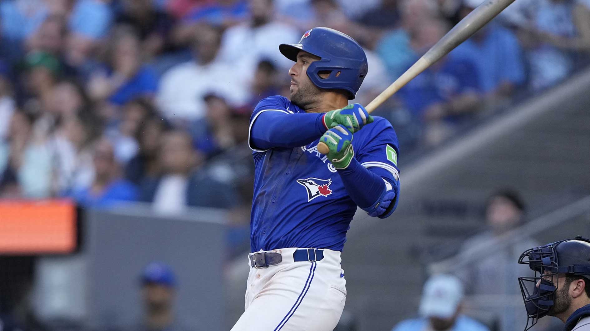 Toronto Blue Jays designated hitter George Springer (4) hits a two run home run against the New York Yankees during the third inning at Rogers Centre.