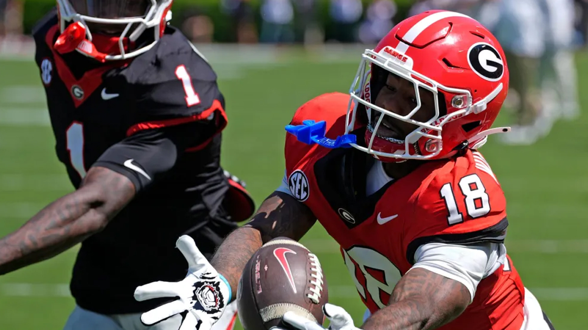 Georgia wide receiver Sacovie White (18) makes a one handed catch in the in zone for a touchdown during the Georgia G-Day spring football game in Athens, Ga., on Saturday, April 12, 2025.