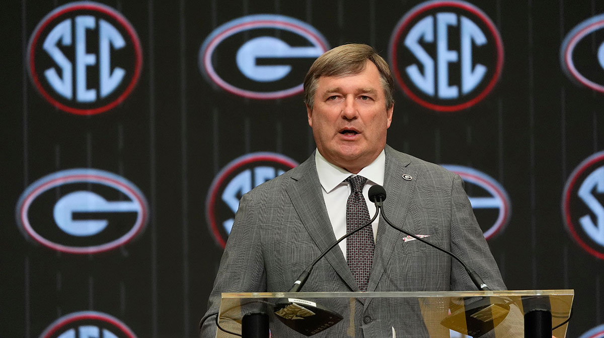 Georgia head coach Kirby Smart speaks in the Main Media Room during SEC Media Days at the College Football Hall of Fame in Atlanta.