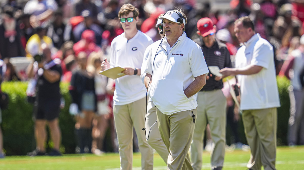 Georgia Bulldogs head coach Kirby Smart shown during the Georgia Spring game at Sanford Stadium.