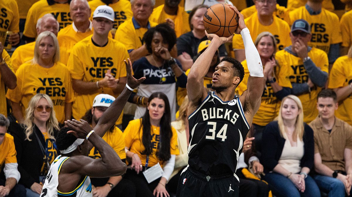 Milwaukee Bucks forward Giannis Antetokounmpo (34) shoots the ball while Indiana Pacers forward Pascal Siakam (43) defends during game five of the first round for the 2024 NBA Playoffs at Gainbridge Fieldhouse.