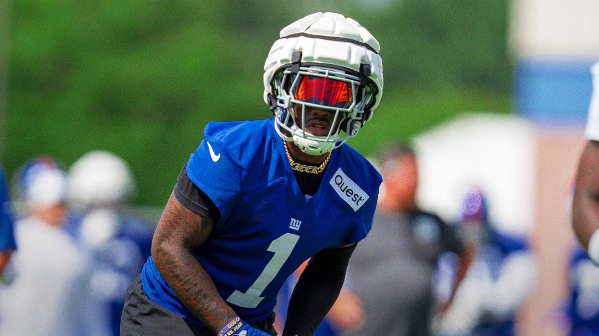 New York Giants wide receiver Malik Nabers (1) gets ready for a play during day one of the New York Giants training camp at Quest Diagnostics Giants Training Center in East Rutherford on Wednesday, July 23, 2025.