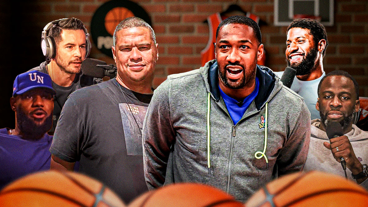 Collage of images of NBA players from their podcast sets -- with Gilbert Arenas and Josiah Johnson at the center of the collage (with smaller pics of Draymond Green, Paul George, LeBron James, and JJ Redick around them)