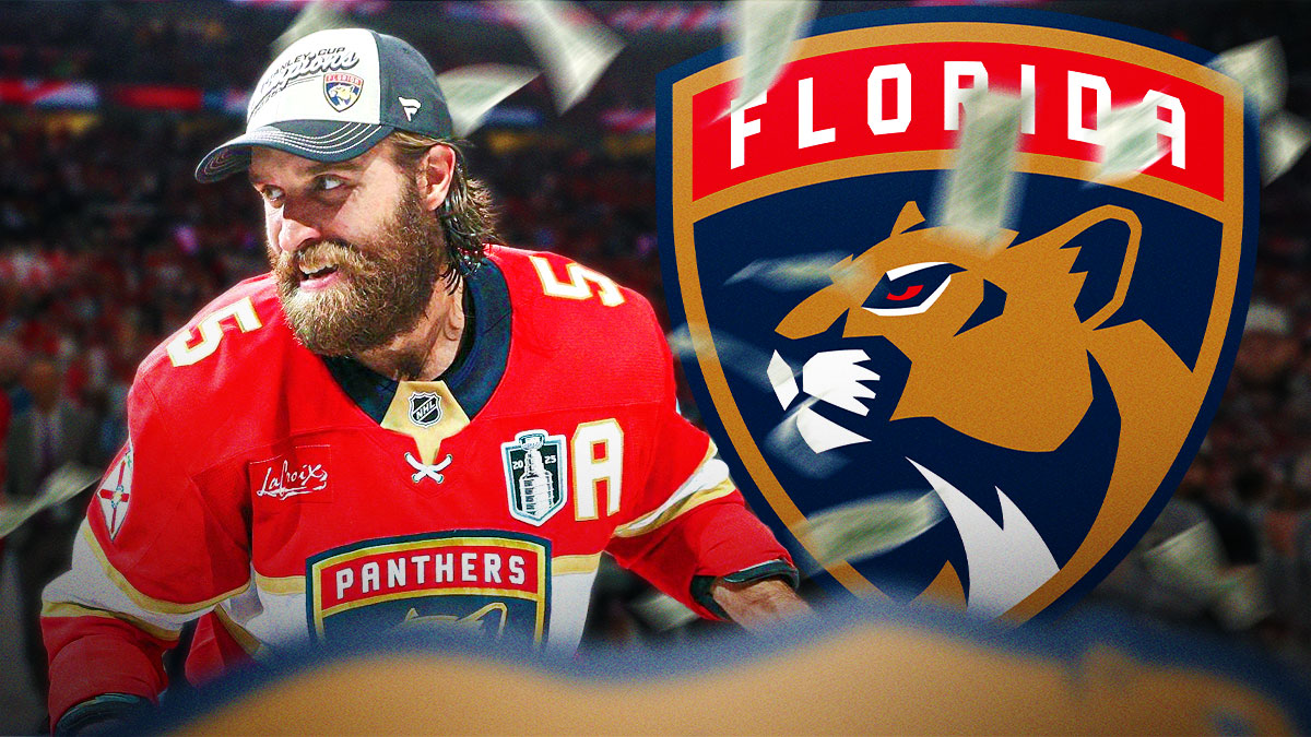: aaron Ekblad with panthers logo in the background and money around him.