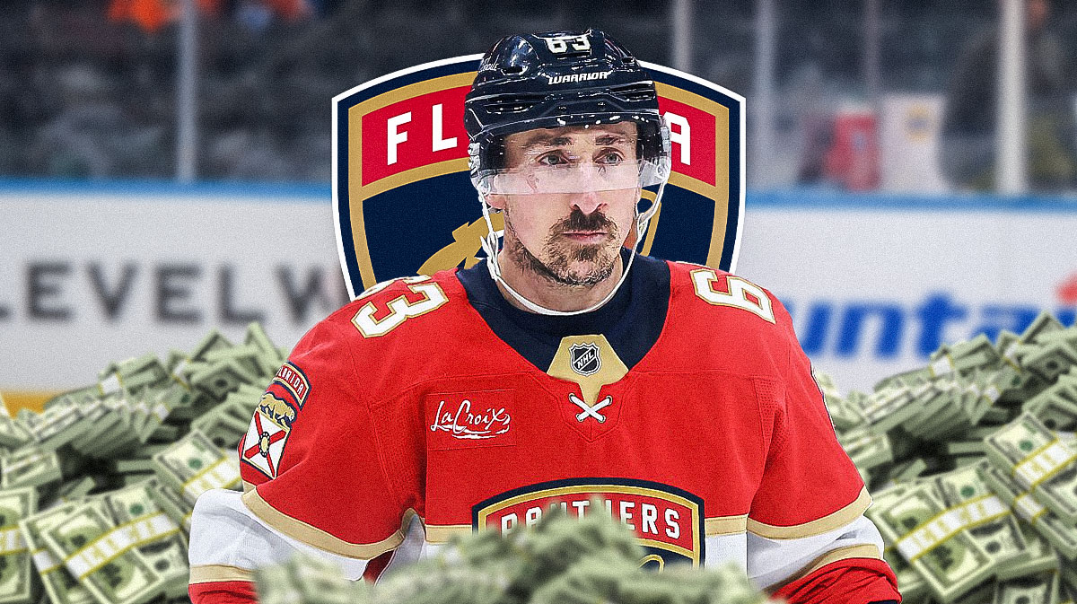 Brad Marchand, money around him, Panthers logo background.