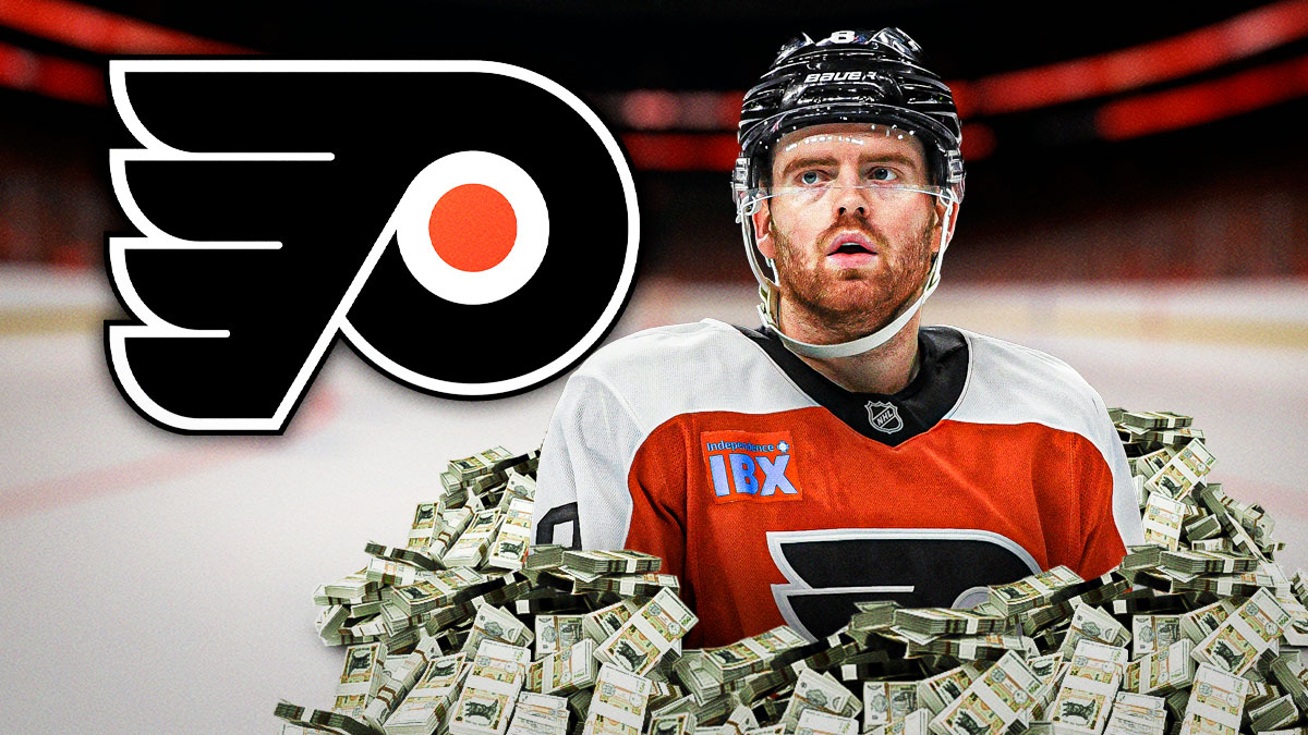 FLyers logo in background. Cam York with money around him.