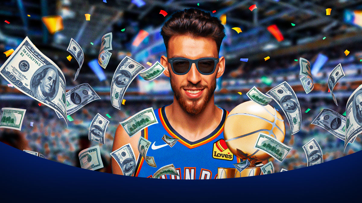 Thunder forward Chet Holmgren smiling with the Larry O'Brien trophy underneath his arm, wearing shades with money signs in them and blue and orange confetti falling, with the Thunder logo in the background, and a bag of cash next to it