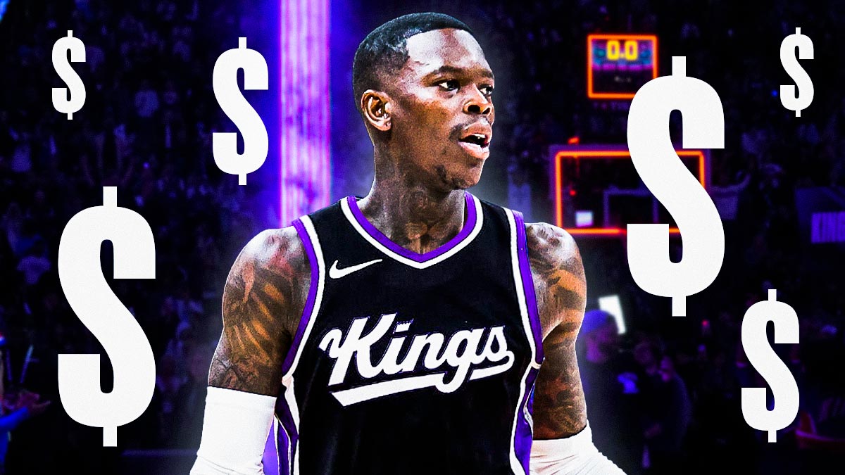 Kings' new point guard Dennis Schroder, dollar signs next to him, Golden 1 Center in back