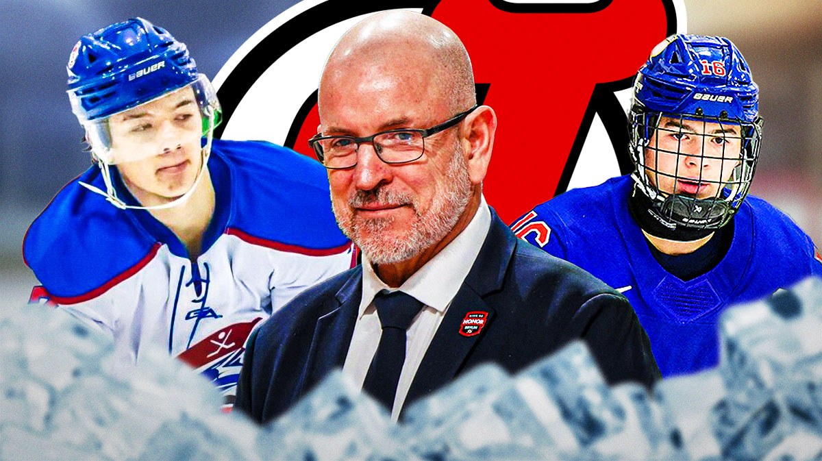 Tom Fitzgerald (Devils GM) with Conrad Fondrk and Ben Kevan on the sides. Devils logo in the background.