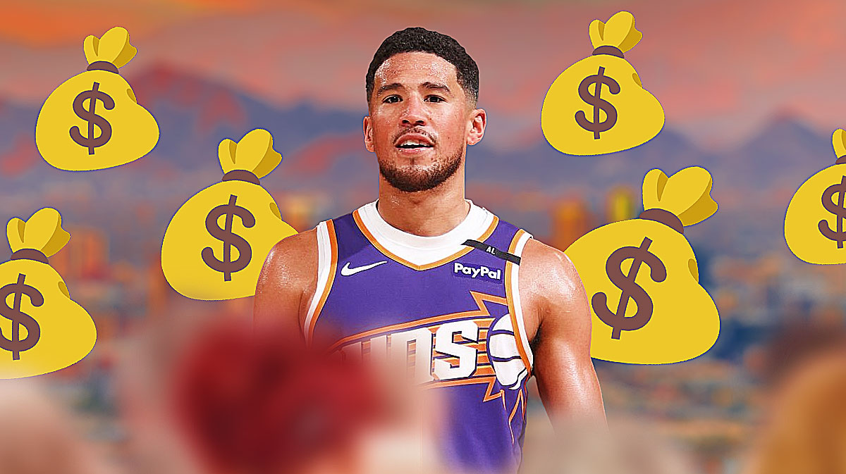 Devin Booker with money bag emojis around him in a Phoenix Suns jersey, and a background of the Phoenix skyline.