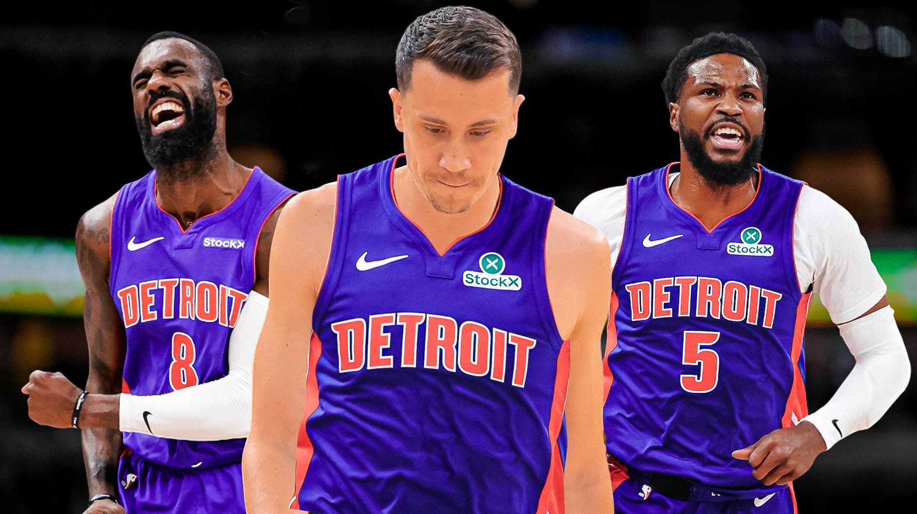Duncan Robinson in Pistons uniform, with head cutouts of Malik Beasley and Tim Hardaway Jr. beside him
