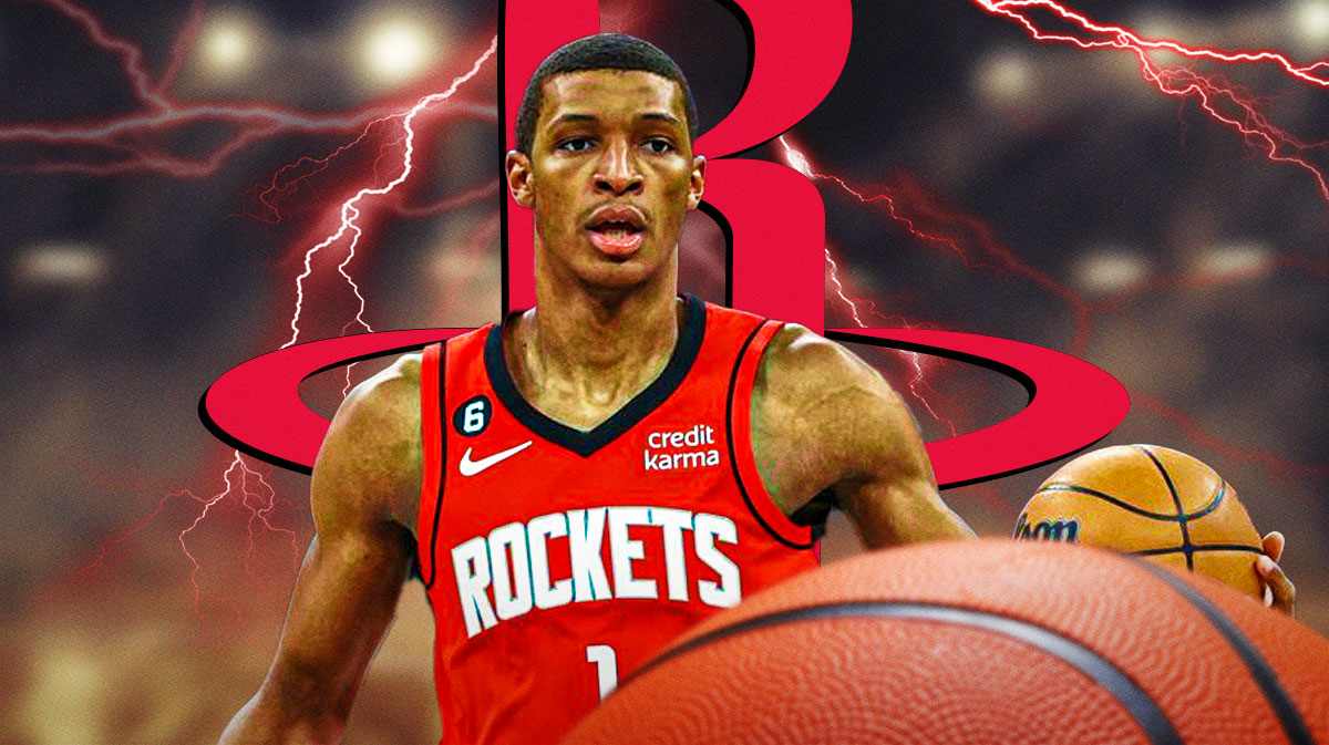 Jabari Smith Jr in a Rockets jersey in the middle, Houston Rockets logo and lightning in the background