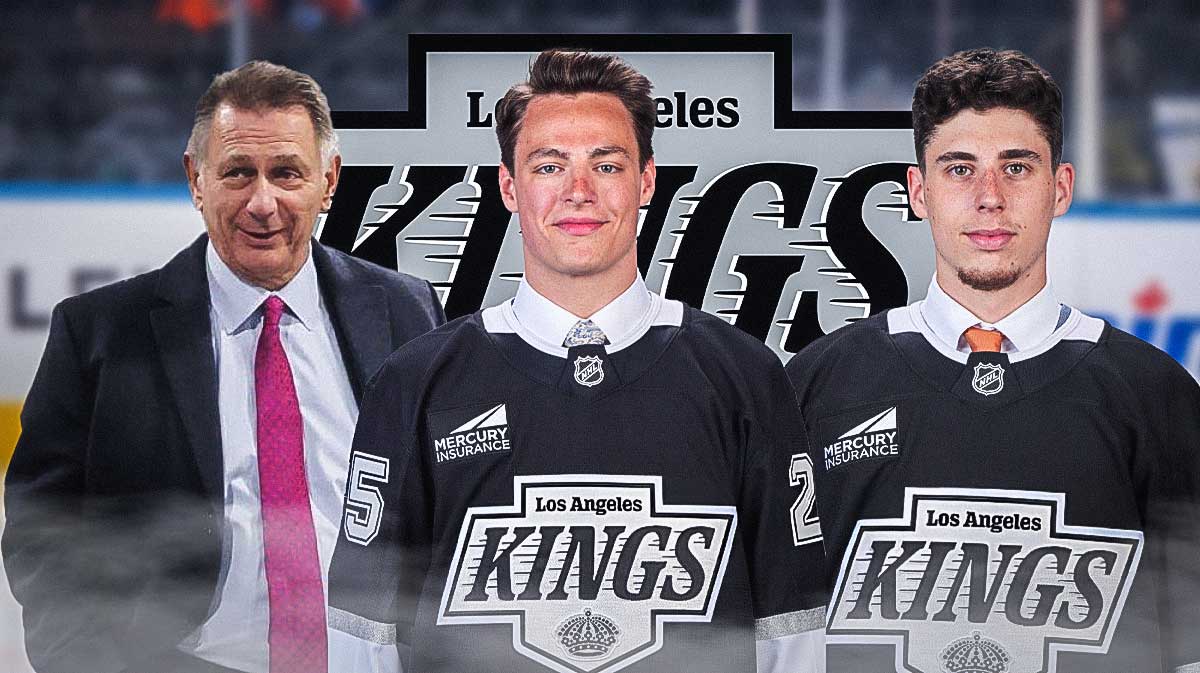 GM Ken Holland with Henry Brzustewicz and Vojtech Cihar. Kings Logo in the background, Kings Draft Grade, NHL Draft