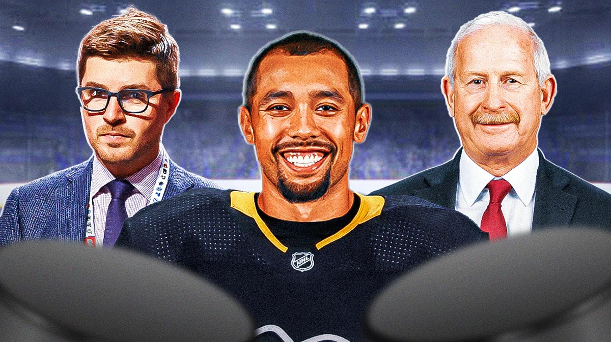 Matt Dumba in a Penguins Jersey in the center, Jim Nill (Stars GM) and Kyle Dubas (Penguins GM) on the outsides
