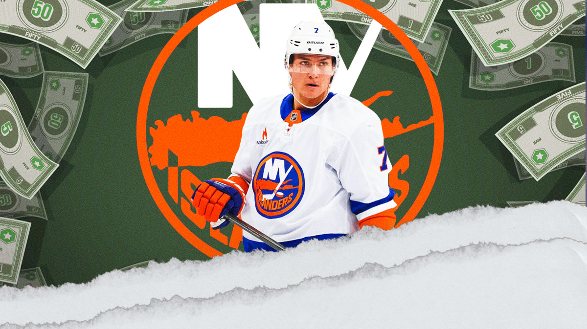Maxim Tsyplkov with money around him and the Islanders logo in the background. Maxim Tsyplkov contract grade, NHL