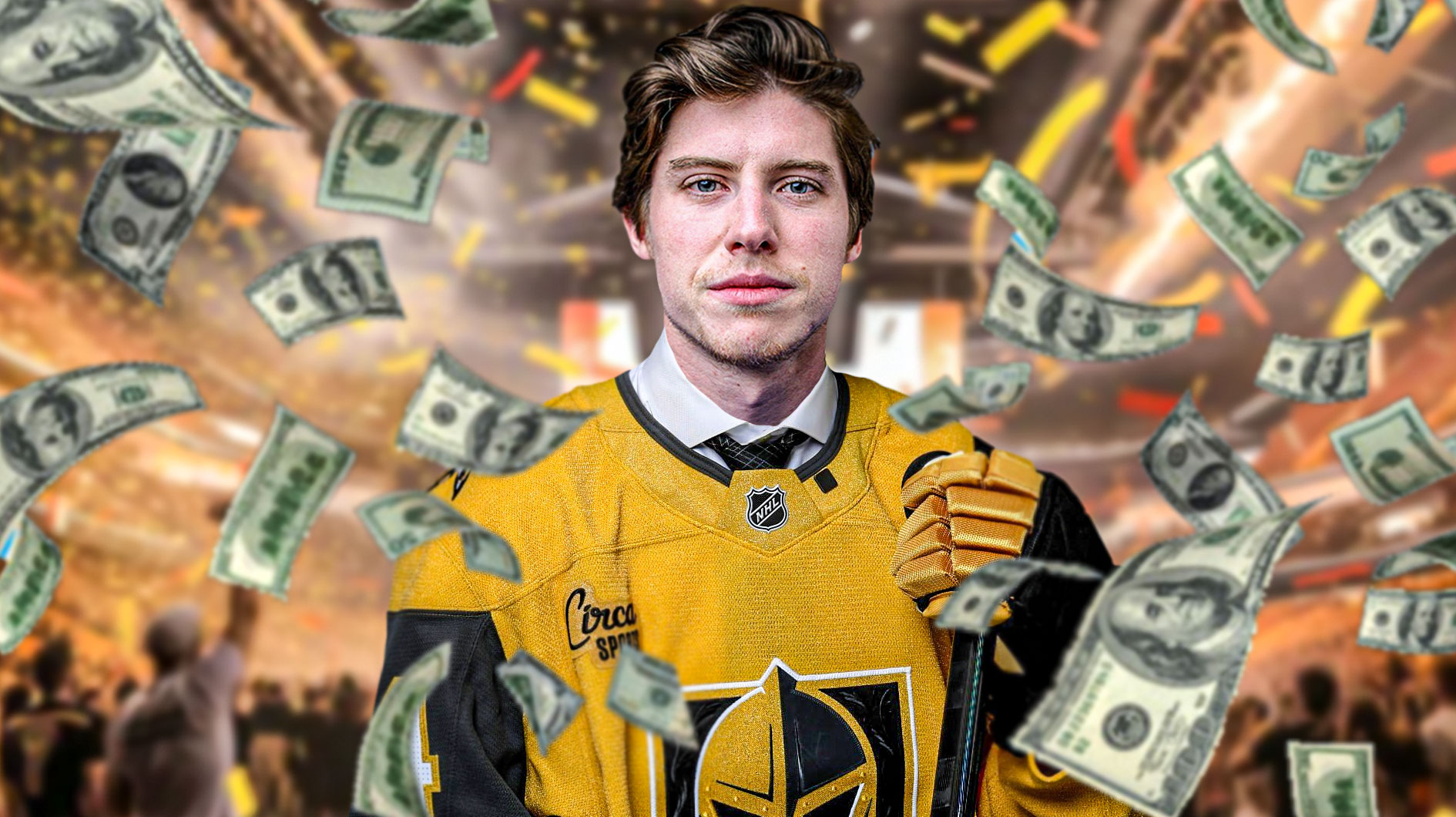 Mitch Marner in Golden Knights uniforms plus dollar bills around him.